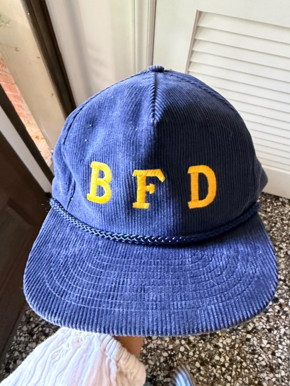 Vintage Nissin BFD Corduroy Rope Hat Navy Gold Strapback Cap Preppy Retro